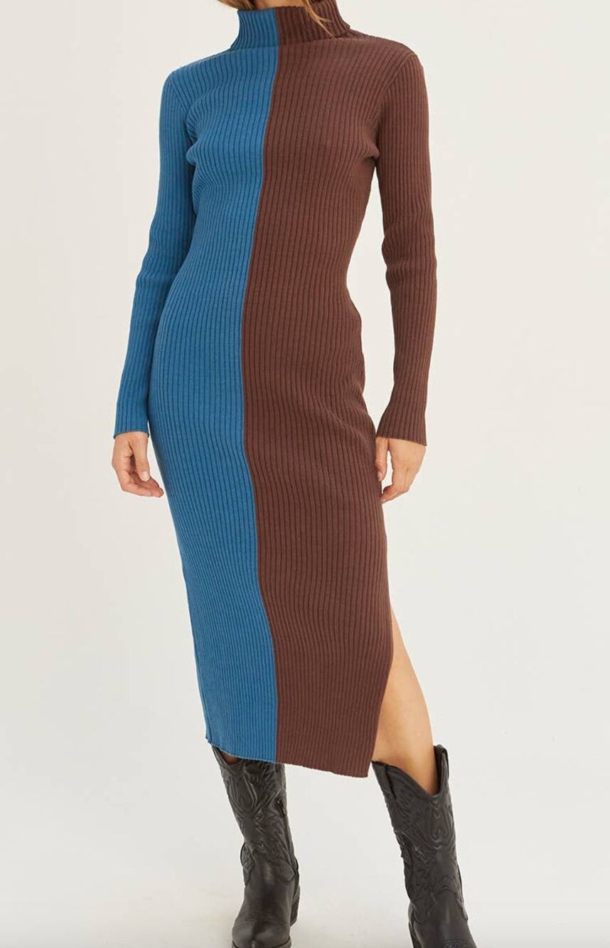 Crescent Jodie Blue Brown Sweater Dress Colorblock Ribbed Knit Turtleneck Small